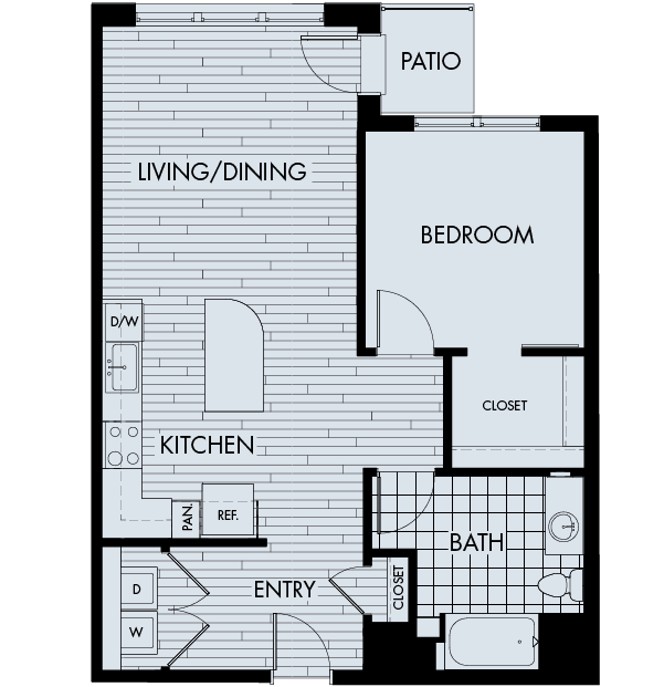 Floor plan for 1 bed, 1 bath, 911 sqft